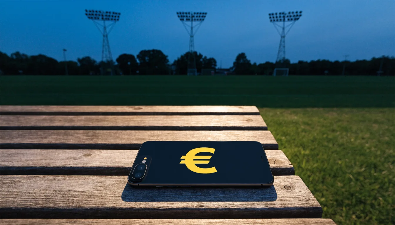 Eine leere Parkbank am Rand eines Fußballfelds in der Abenddämmerung, im Hintergrund ragen dunkle Flutlichtmasten in den Himmel.