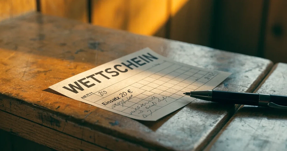 Ein leerer Wettschein aus Papier liegt neben einem Stift auf einer hölzernen Theke, weiches Licht fällt von der Seite ein.
