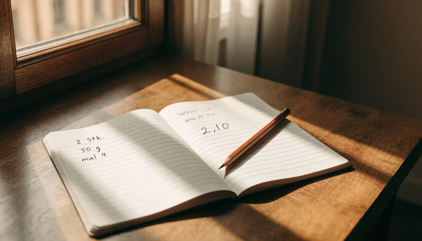 Ein Notizbuch mit handschriftlichen Notizen und ein Bleistift liegen auf einem Schreibtisch am Fenster, draußen fällt Morgenlicht herein.