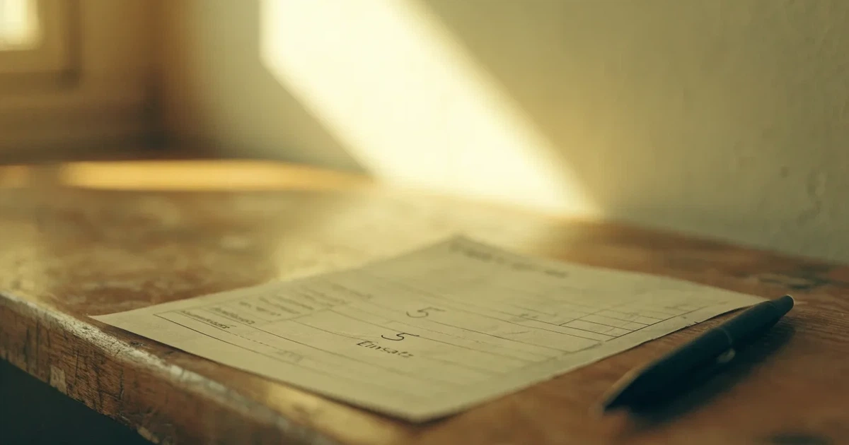 Ein leerer Wettschein aus Papier liegt neben einem Stift auf einer hölzernen Theke, weiches Licht fällt von der Seite ein.