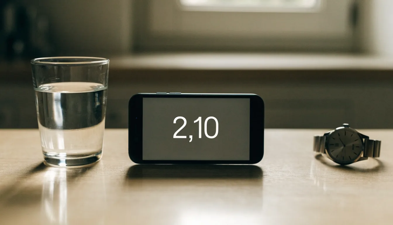 Ein Smartphone liegt mit dem Display nach unten auf einem Küchentisch, daneben stehen ein Glas Wasser und eine Armbanduhr.