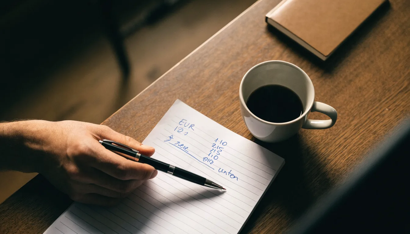 Ein Notizbuch mit handschriftlichen Rechnungen und ein Taschenrechner liegen auf einem Schreibtisch neben einer Tasse Kaffee im Licht des frühen Morgens.