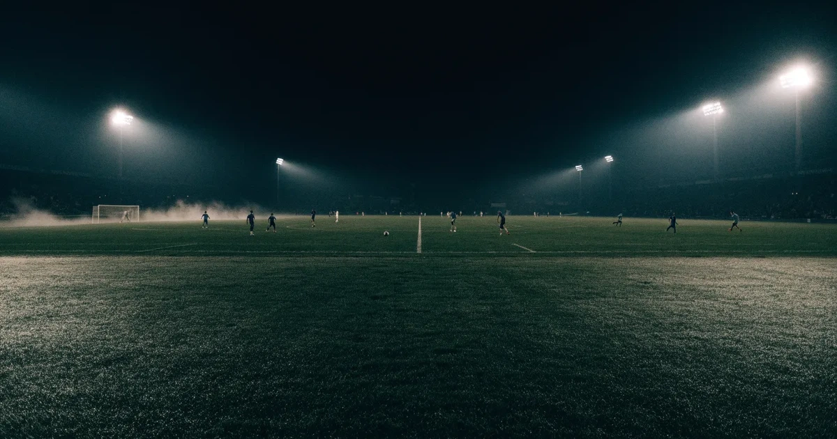 Ein Stadion unter Flutlicht, aus großer Entfernung über eine dunkle Wiese fotografiert, am Himmel zieht Nebel auf.