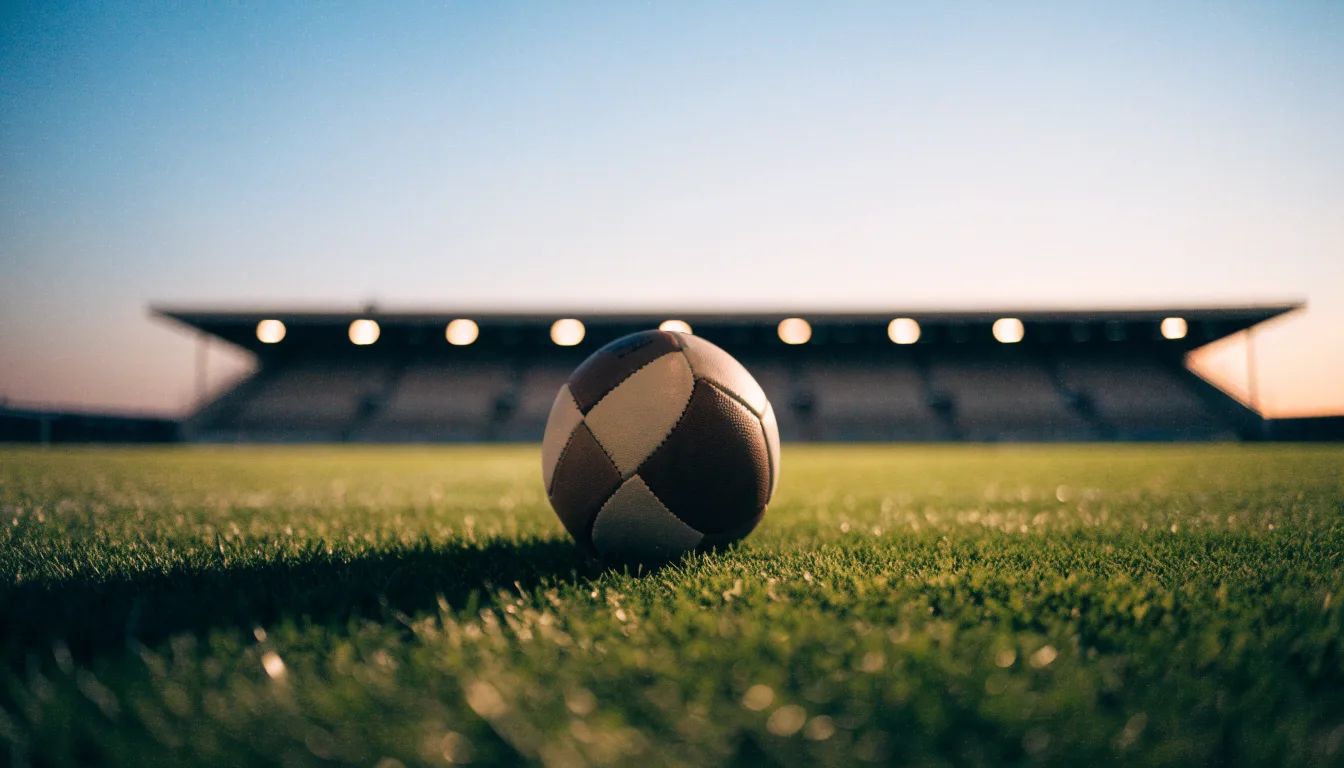 Ein Fußball liegt auf dem Rasen eines leeren Platzes, im Hintergrund ein Stadion unter Flutlicht in der Abenddämmerung.