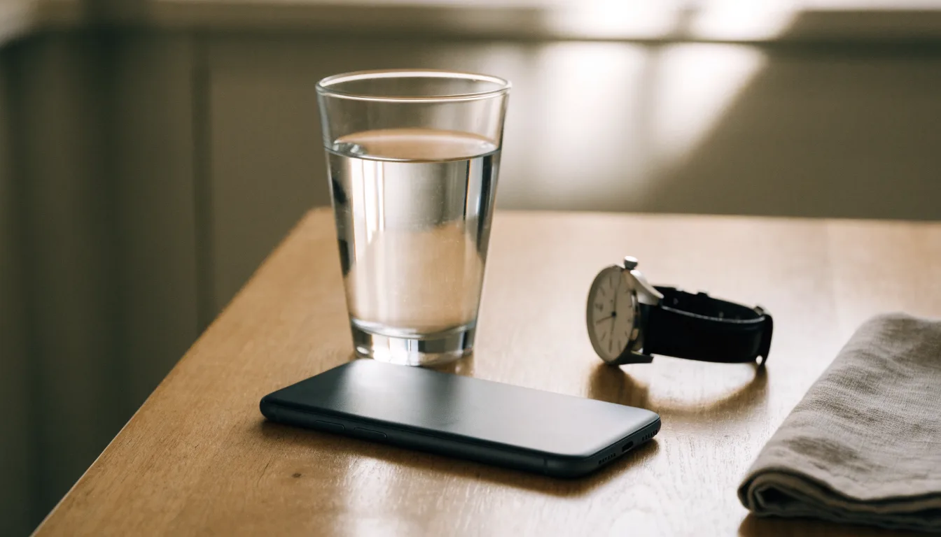Ein Smartphone liegt mit dem Display nach unten auf einem Küchentisch, daneben stehen ein Glas Wasser und eine Armbanduhr.