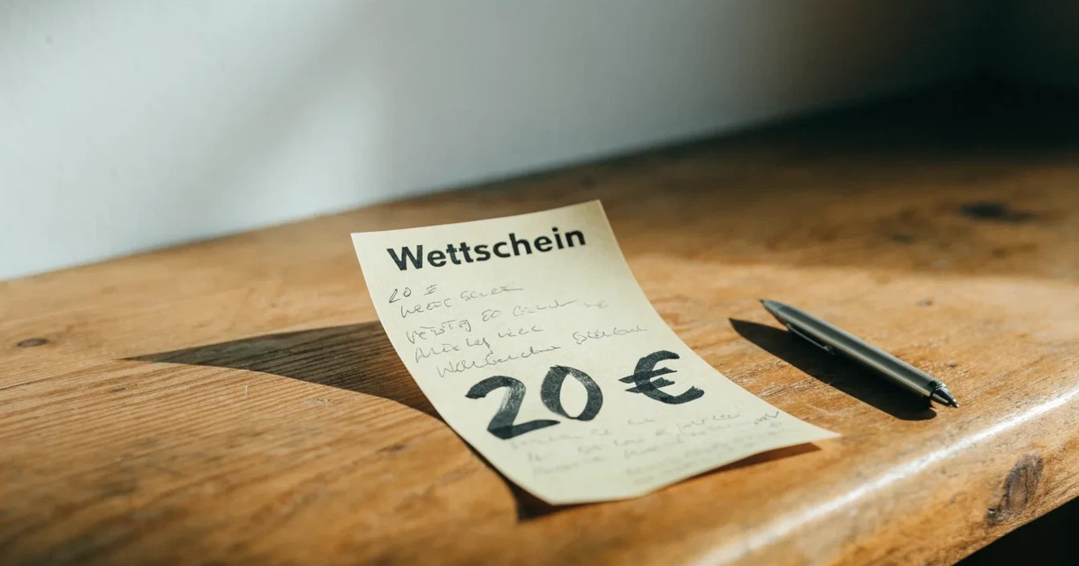 Ein leerer Wettschein aus Papier liegt neben einem Stift auf einer hölzernen Theke, weiches Licht fällt von der Seite ein.