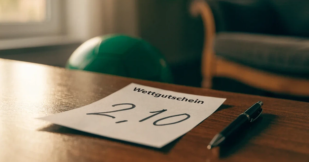 Ein verschlossener leerer Briefumschlag liegt neben einem Fußball auf grünem Rasen im warmen Licht des Nachmittags.