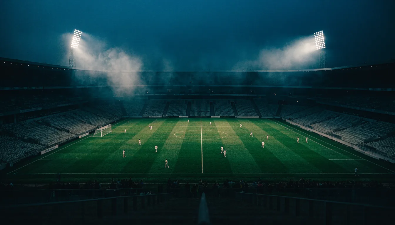 Ein Stadion unter Flutlicht, aus großer Entfernung über eine dunkle Wiese fotografiert, am Himmel zieht Nebel auf.