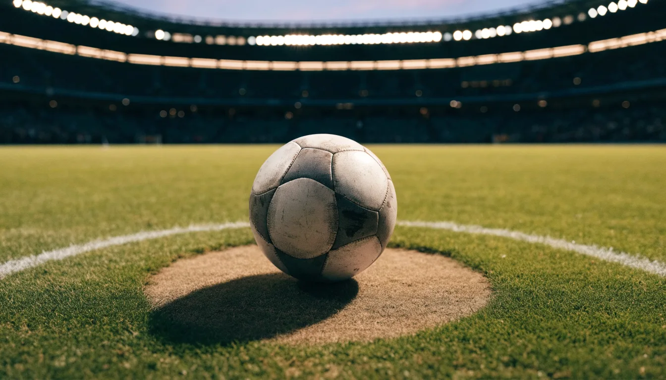 Ein Fußball liegt auf dem Anstoßpunkt eines leeren Rasenplatzes, im Hintergrund steht ein Stadion unter Flutlicht in der Dämmerung.