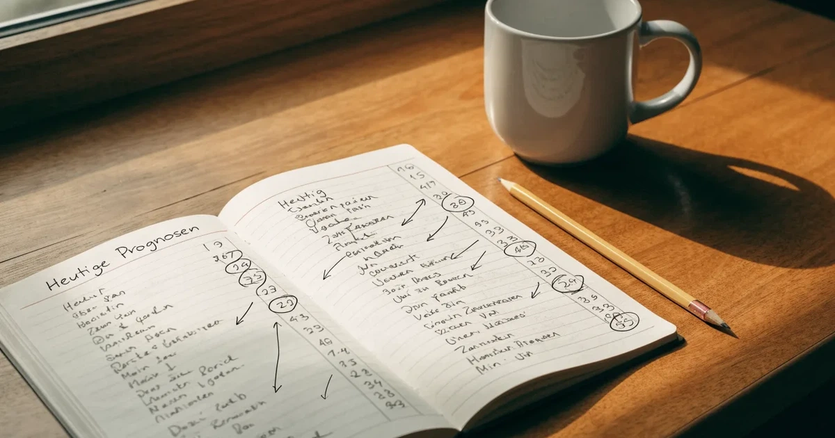 Ein Notizbuch mit handschriftlichen Notizen und Pfeilen liegt aufgeschlagen auf einem Schreibtisch, daneben ein Bleistift und eine Tasse Tee.