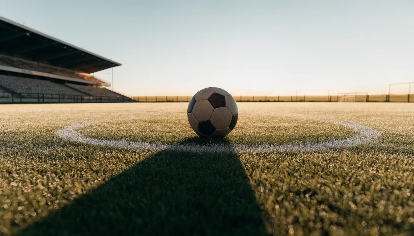 Ein Fußball liegt auf dem Anstoßpunkt eines leeren Rasenplatzes in der Morgendämmerung, im Hintergrund eine leere Tribüne.
