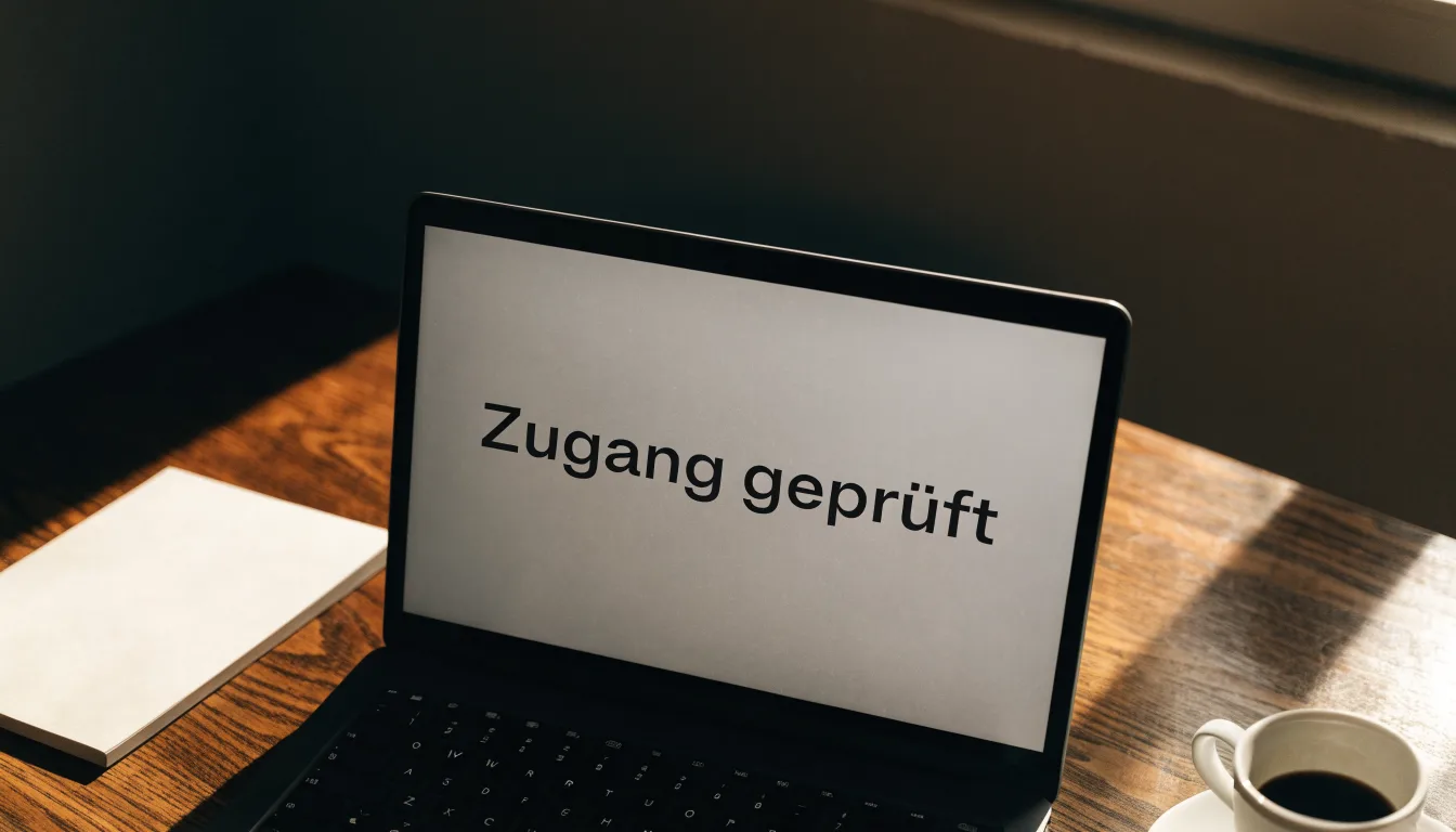 Eine Messingwaage steht auf einem dunklen Holzschreibtisch neben einer Kaffeetasse, im Hintergrund ein Fenster mit Blick auf Dächer.