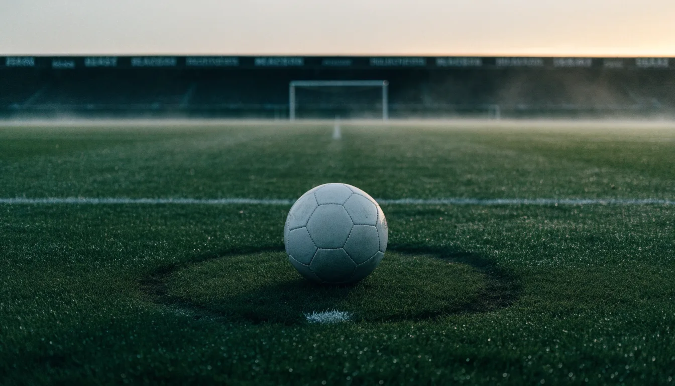 Ein Fußball ruht auf dem Mittelkreis eines leeren Rasenplatzes in der Morgendämmerung, Tau liegt auf dem Gras.