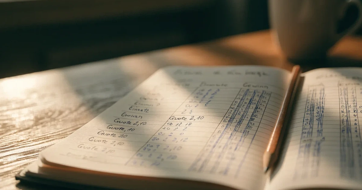 Ein Notizbuch mit handschriftlichen Spalten und Strichlisten liegt neben einem Taschenrechner und einem Bleistift auf einem Schreibtisch.