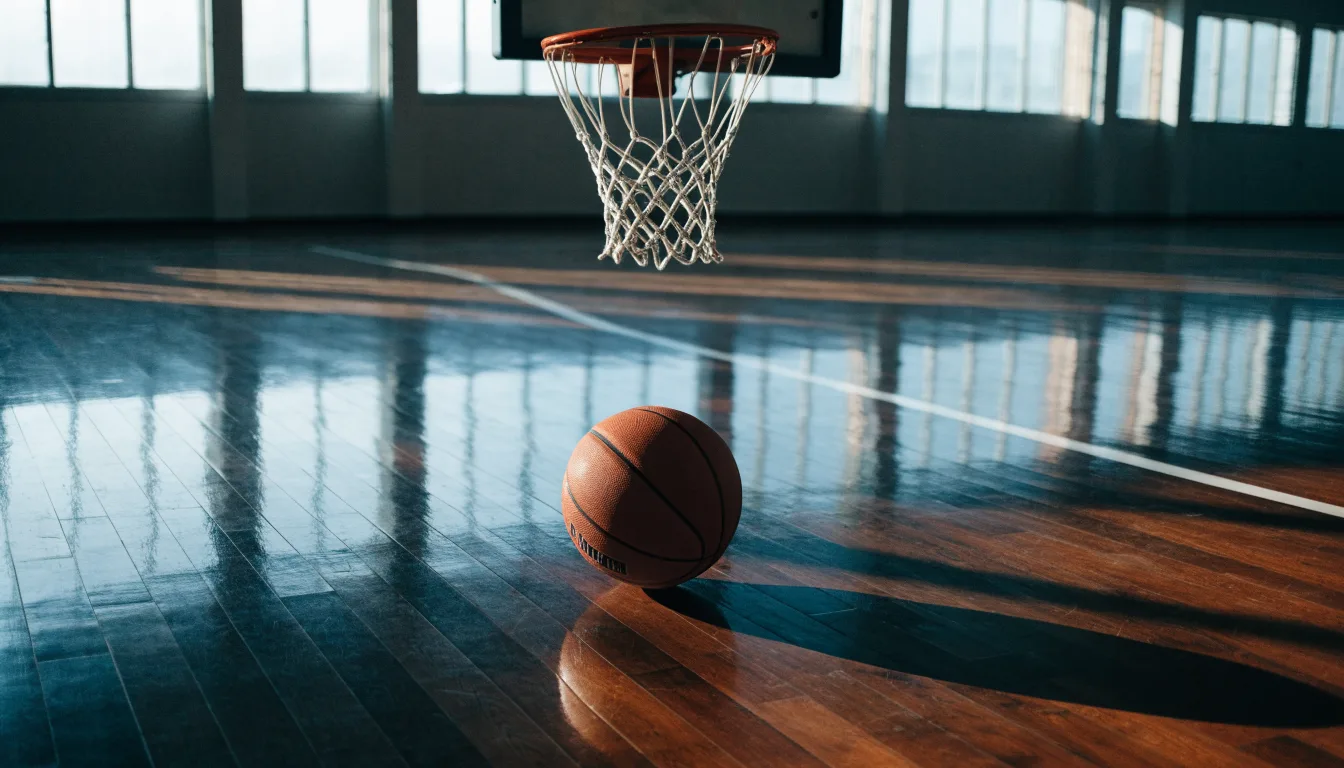 Ein Basketball liegt auf dem Hallenboden unter einem Korb, das Netz hängt ruhig, Morgenlicht fällt durch hohe Fenster.