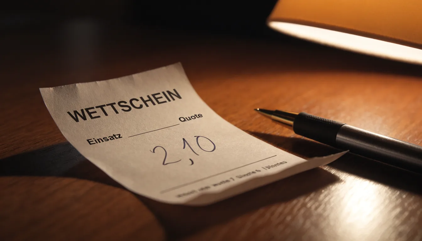 Ein leerer Wettschein aus Papier und ein Kugelschreiber liegen auf einer Tischplatte neben einer kleinen Tischlampe.