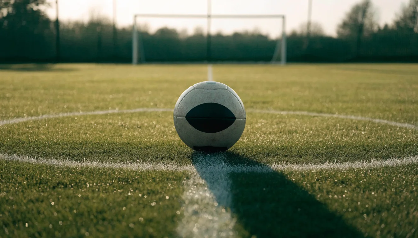 Ein Fußball liegt auf dem Anstoßkreis eines leeren Rasenplatzes im Licht der Morgensonne.