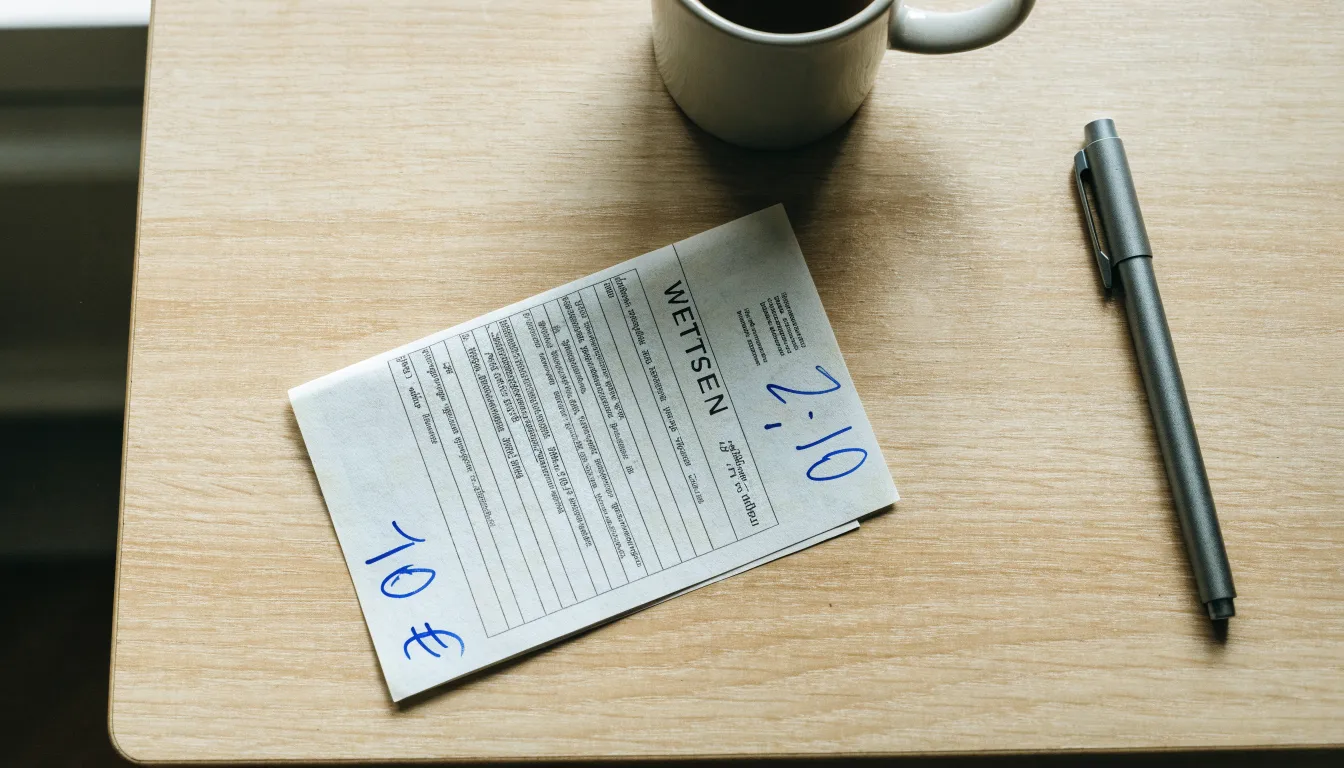 Ein leerer Wettschein aus Papier liegt neben einem Kugelschreiber und einer Tasse auf einem hellen Holztisch.