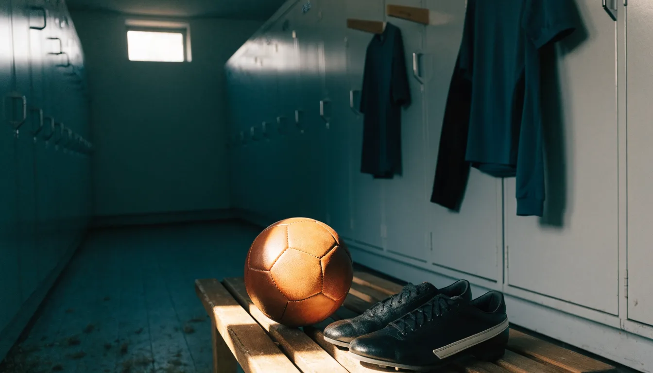 Ein Fußball liegt neben einem Paar Fußballschuhen ohne Markenzeichen auf einer Holzbank in einer leeren Umkleide.