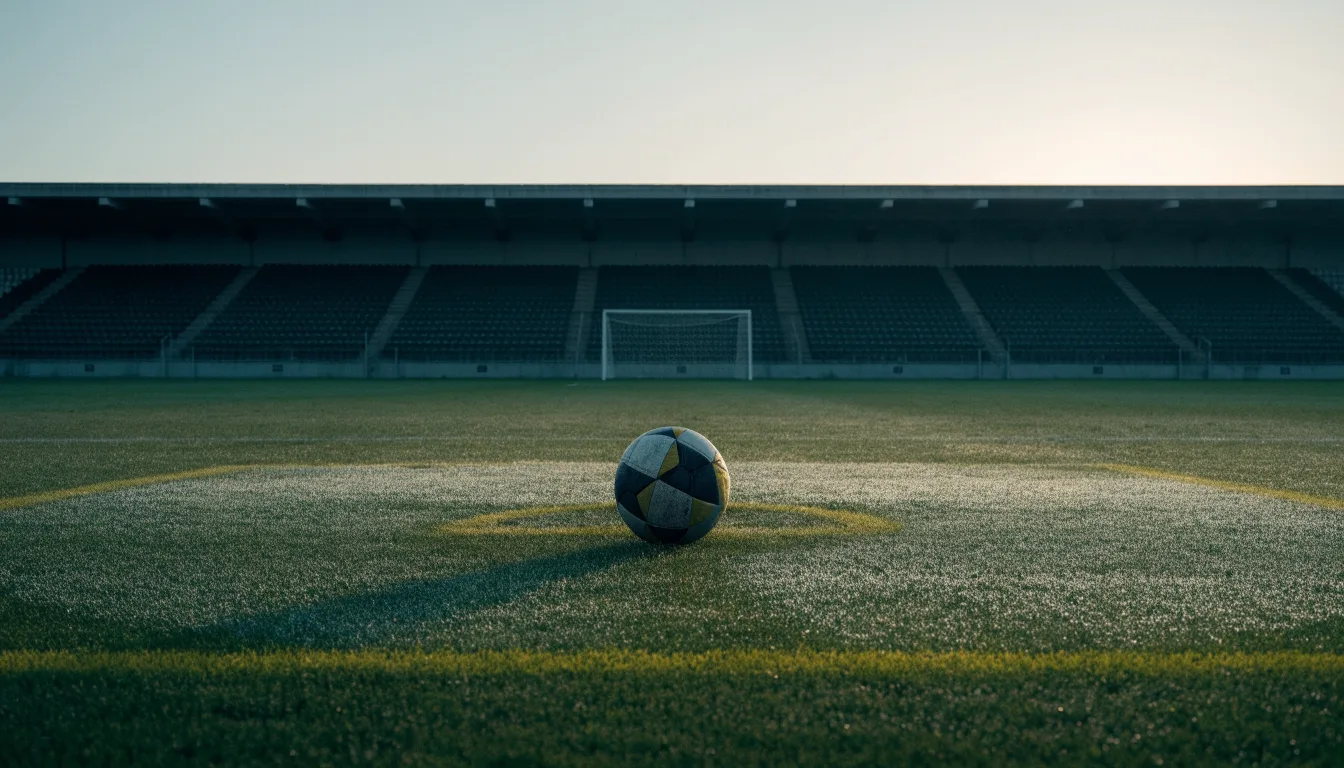 Ein Fußball liegt auf dem Anstoßpunkt eines leeren Rasenplatzes in der Morgendämmerung, im Hintergrund eine leere Tribüne.