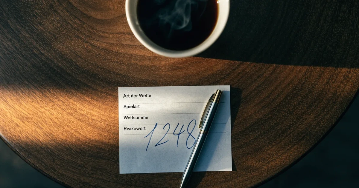 Ein leerer Wettschein aus Papier liegt neben einem Kugelschreiber und einer Tasse Kaffee auf einem Tisch, Aufnahme von oben.