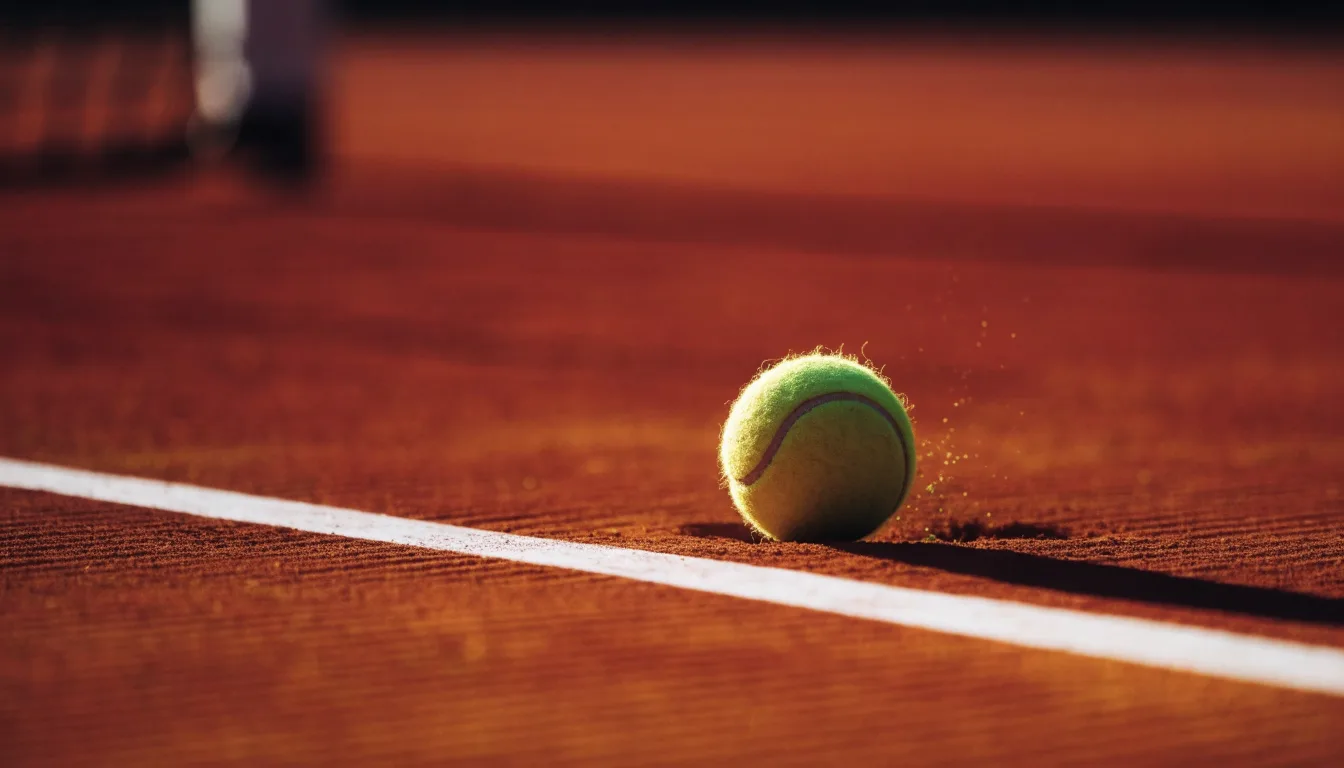 Ein einzelner Tennisball liegt auf rotem Sand neben einer weißen Linie, geringe Schärfentiefe.