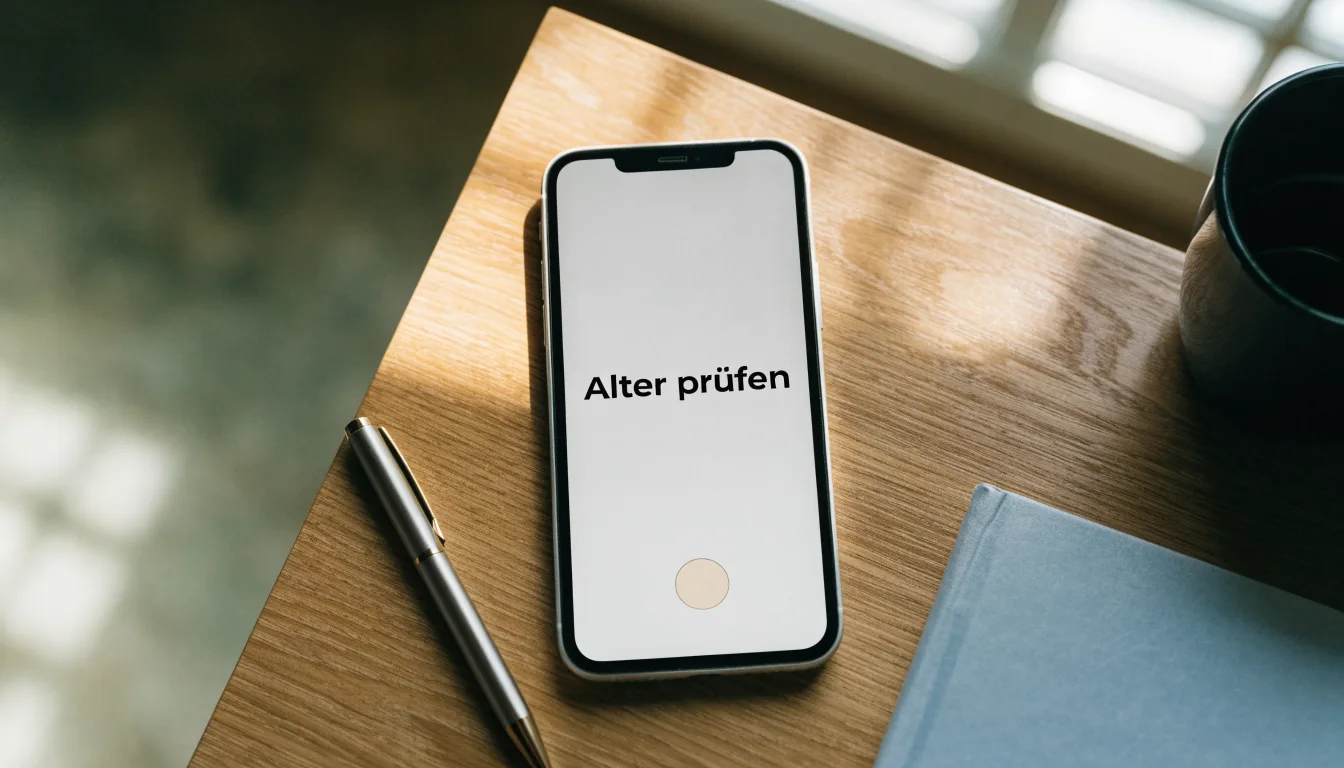 Eine Messingwaage steht auf einem Holzschreibtisch neben einer Kaffeetasse, im Hintergrund ein helles Fenster.