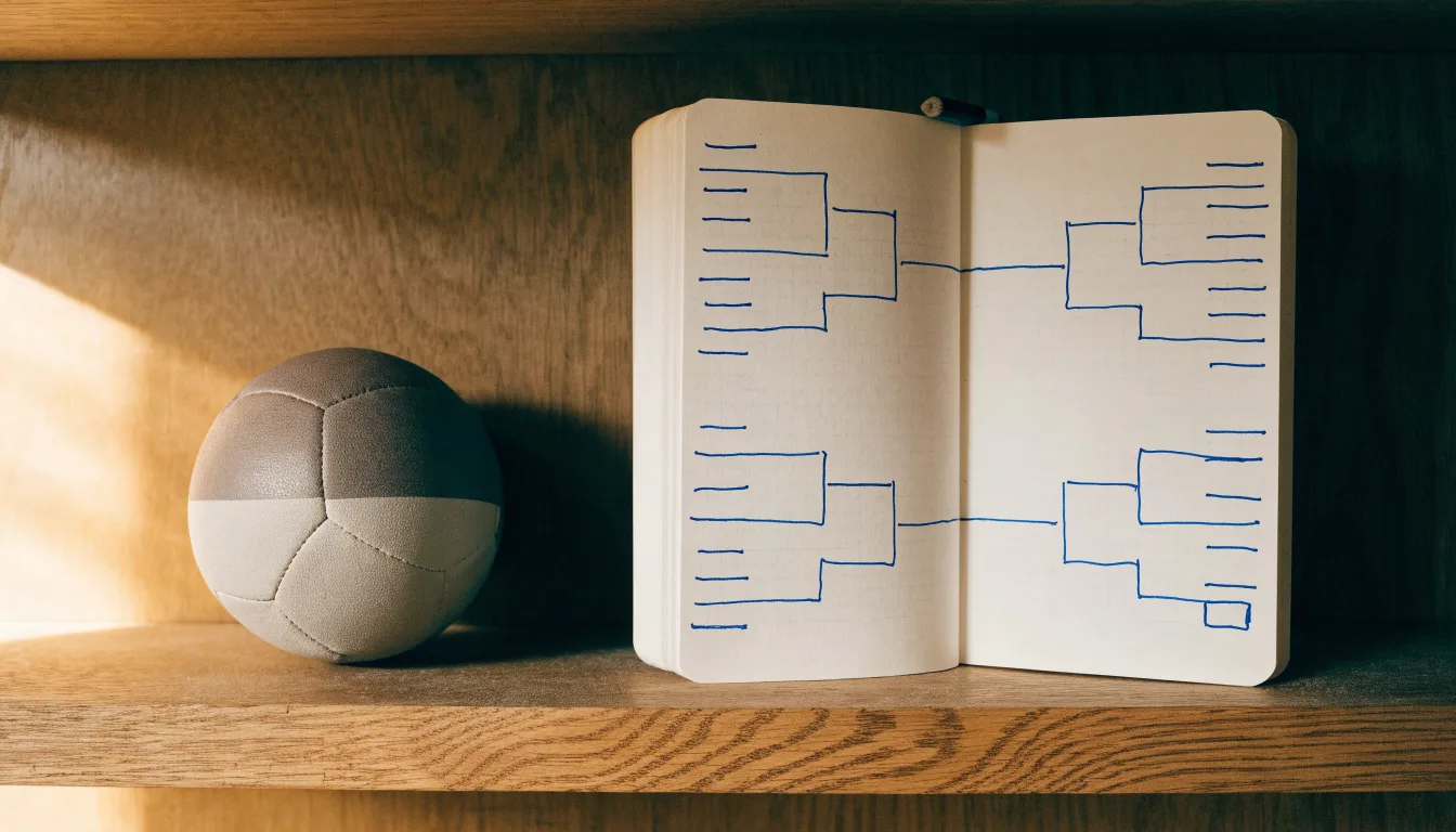 Eine Weltkarte aus Holz hängt an einer Wand, davor liegt ein Fußball auf einem Regal, ohne erkennbare Beschriftung.