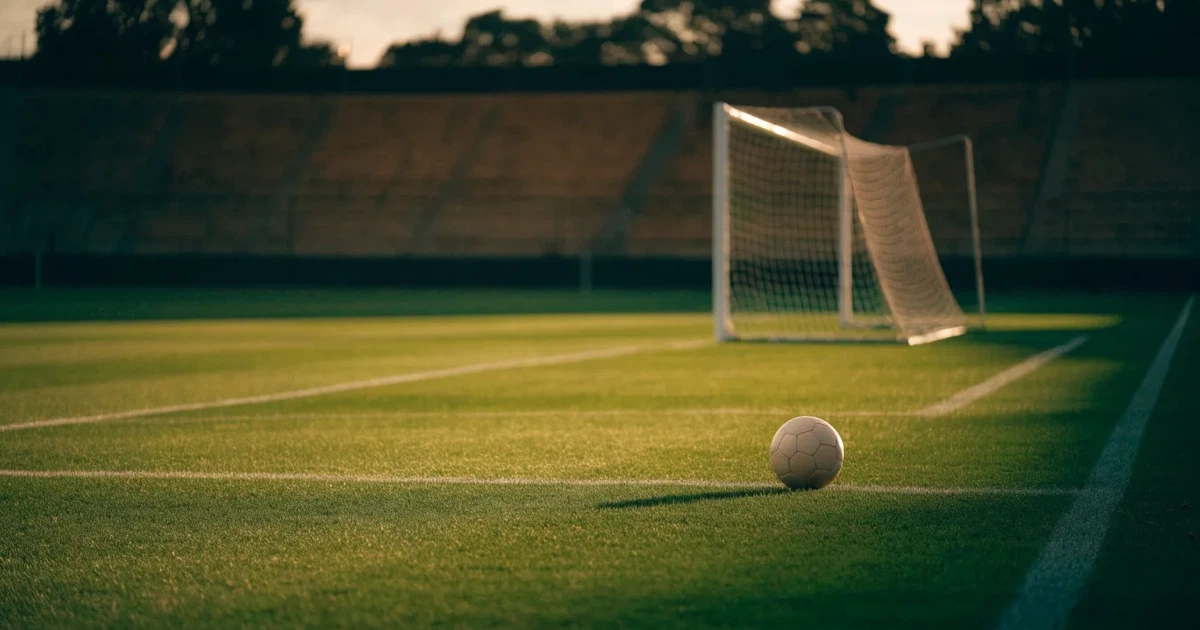 Ein Fußballplatz mit frisch gemähtem Rasen im Abendlicht, ein Ball liegt im Strafraum, im Hintergrund unscharf eine leere Tribüne.