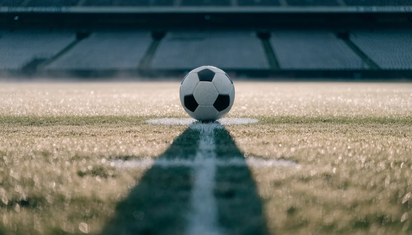 Ein Fußball liegt auf dem Anstoßpunkt eines leeren Rasenplatzes im frühen Morgenlicht, dahinter eine leere Tribüne.
