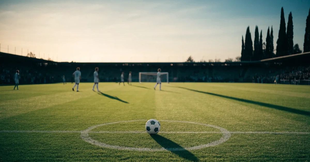 Ein Fußballtor mit Netz auf einem leeren Platz im Abendlicht, der Rasen frisch gemäht, im Hintergrund Zypressen.