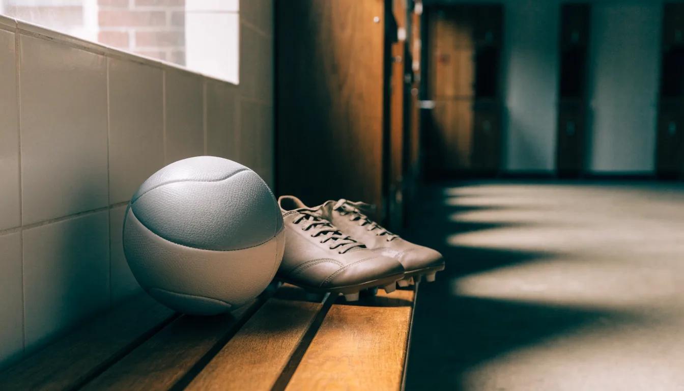 Ein Fußball liegt auf einer Holzbank in einer leeren Umkleide neben einem Paar Fußballschuhen ohne Markenzeichen.