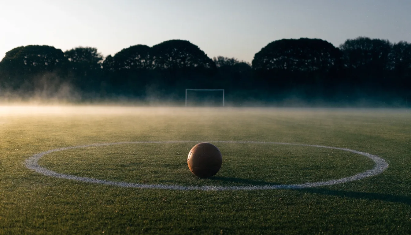 Ein Fußball ruht auf dem Mittelkreis eines leeren Rasenplatzes in der Morgendämmerung, Tau liegt auf dem Gras.