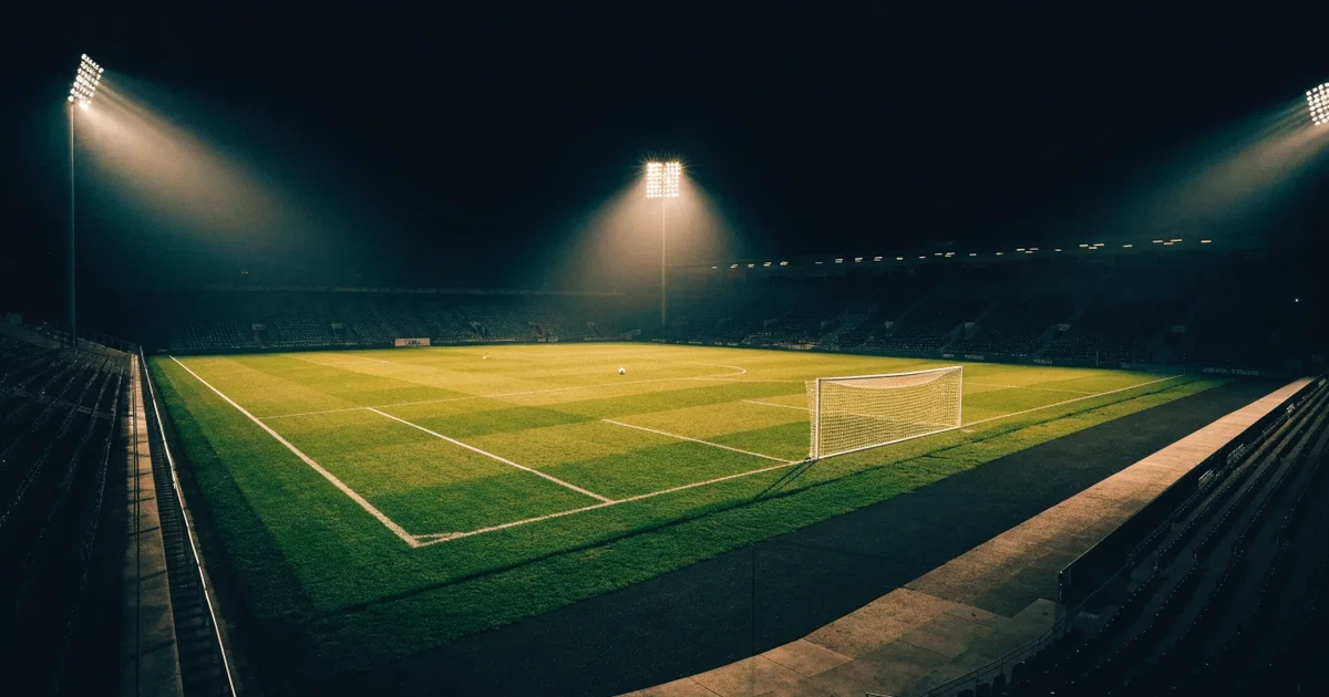 Ein Stadion bei Nacht unter Flutlicht aus der Ferne gesehen, der Rasen ist hell erleuchtet, keine erkennbaren Personen.