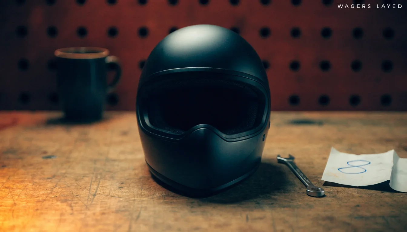 Ein schwarzer Motorradhelm ohne Aufdruck liegt auf einer Werkbank neben einem Schraubenschlüssel, warmes Licht einer Werkstatt.