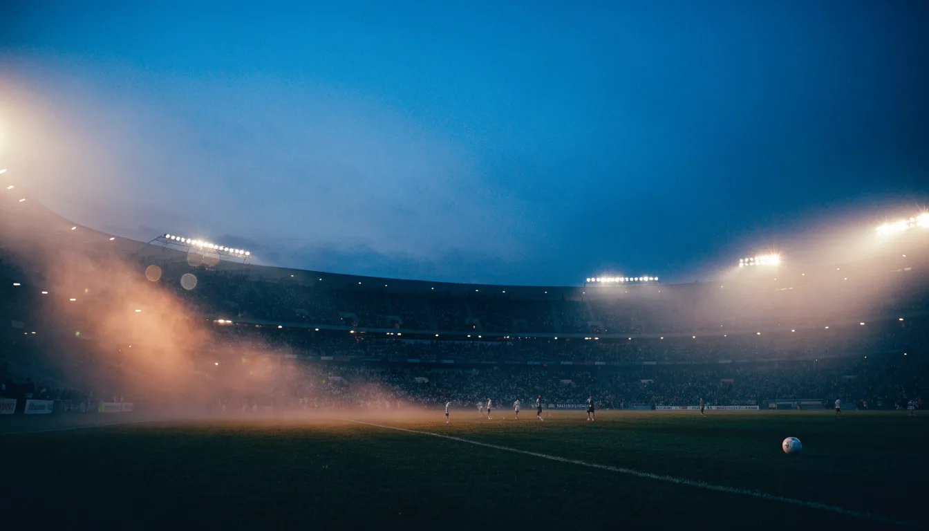 Ein großes Stadion unter Flutlicht, aus der Ferne über eine dunkle Wiese gesehen, die Lichtmasten spiegeln sich im Dunst der Abenddämmerung.