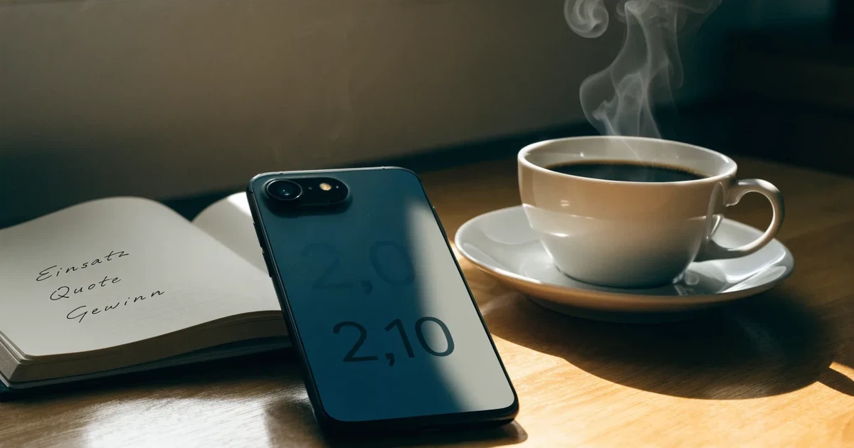Ein Smartphone mit dunklem Display liegt neben einem Notizbuch mit handschriftlichen Notizen auf einem hellen Holztisch, daneben eine Tasse Kaffee im Morgenlicht.