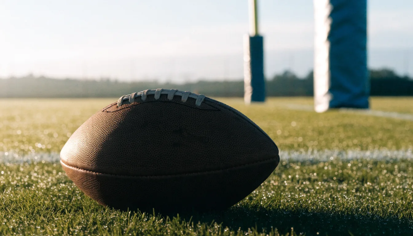 Ein ovaler Lederball mit heller Schnürung liegt auf dem Rasen vor der Endzone, Tau auf dem Gras im ersten Morgenlicht.