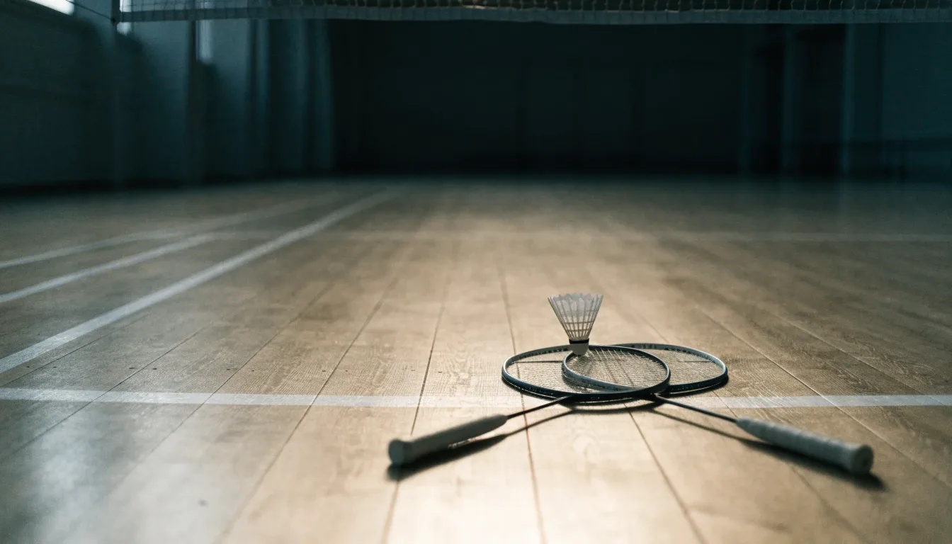 Zwei Badmintonschläger und ein Federball liegen auf einem Holzboden neben der Seitenlinie, weiches Licht fällt von der Seite ein.