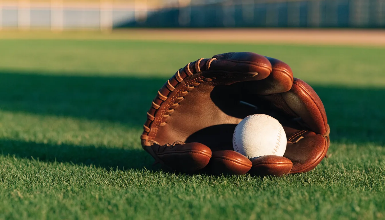 Ein weißer Baseball und ein Lederhandschuh liegen auf kurz geschnittenem Gras, im Hintergrund eine verschwommene Spielfeldbande.