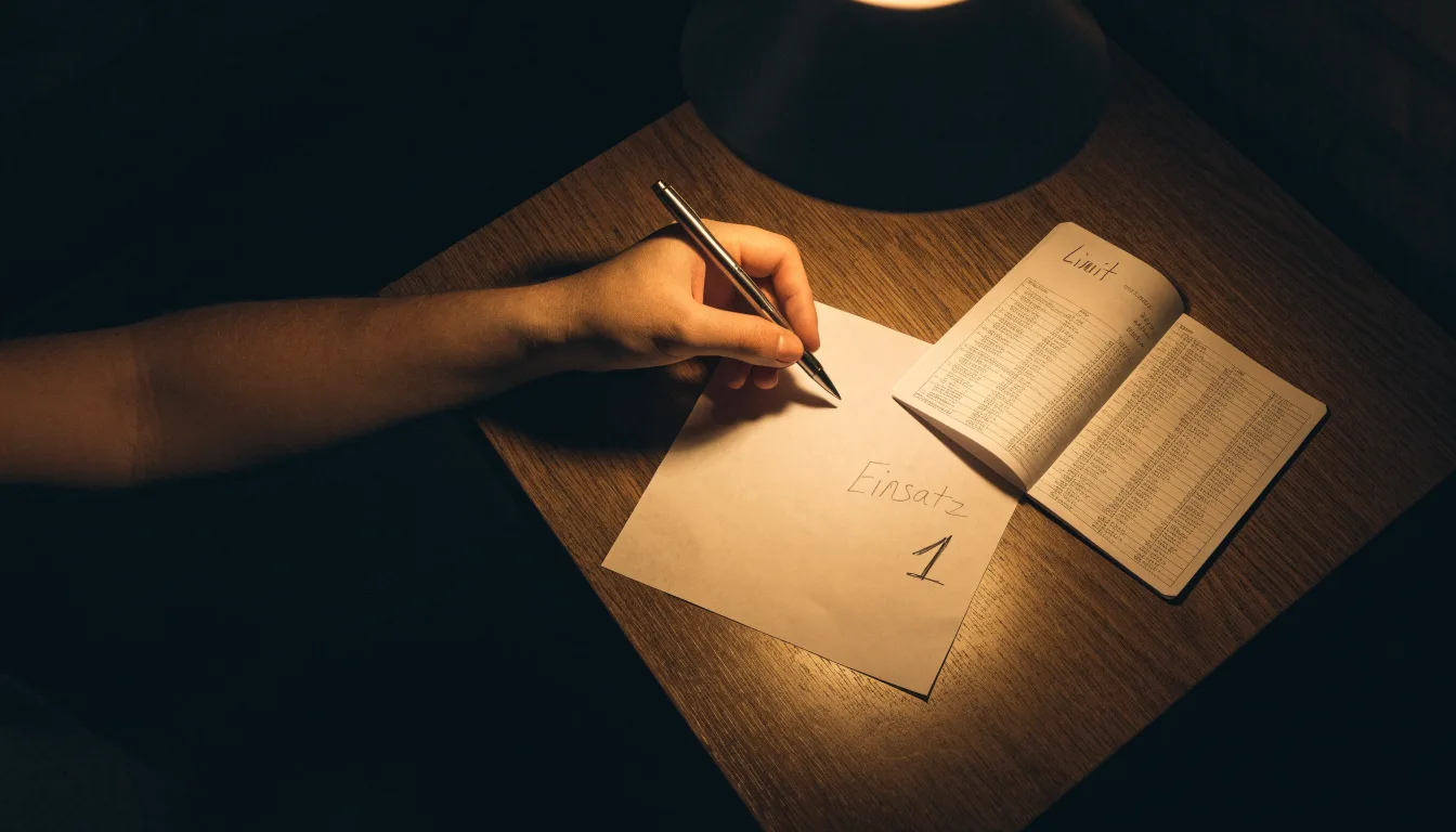 Ein leerer Papierwettschein, ein Kugelschreiber und ein Taschenrechner liegen auf einem Holztisch, warmes Licht einer Schreibtischlampe.