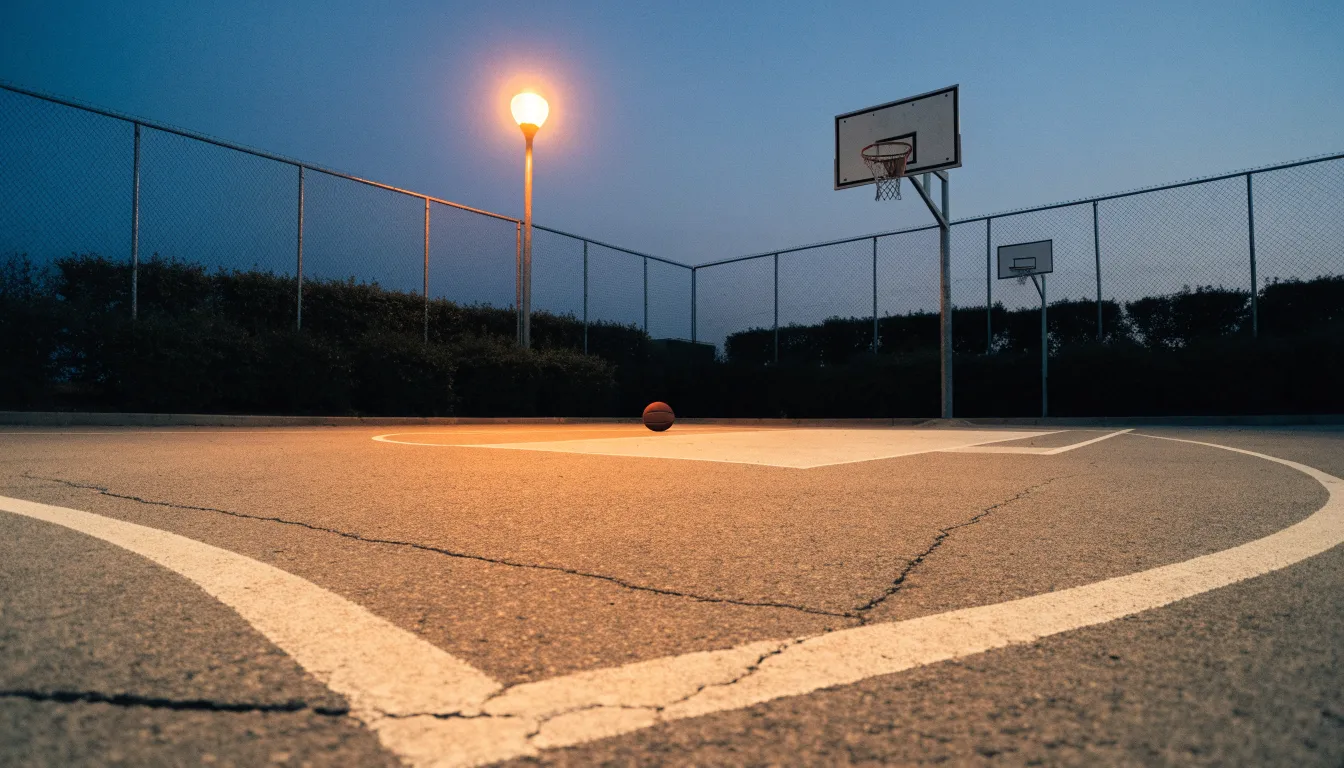 Ein Freiluft-Basketballplatz am Abend mit Asphalt, Linien und zwei Körben unter einer Straßenlaterne.