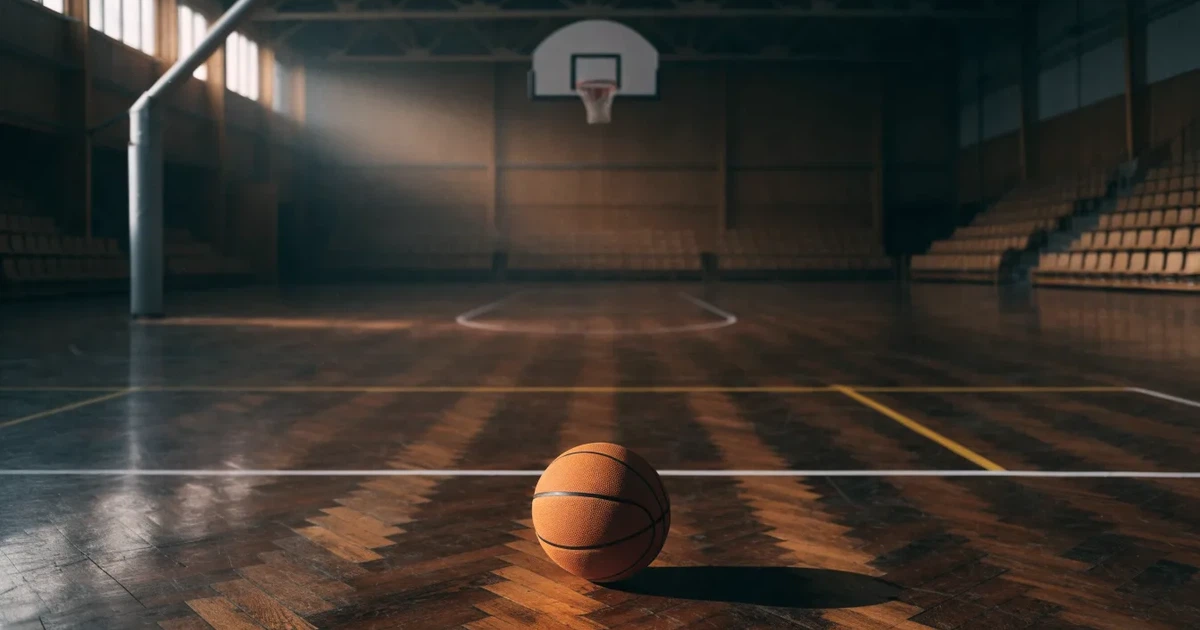 Ein Basketball liegt unter dem Korb auf dem Parkett einer leeren Sporthalle, Licht fällt durch hohe Fenster.