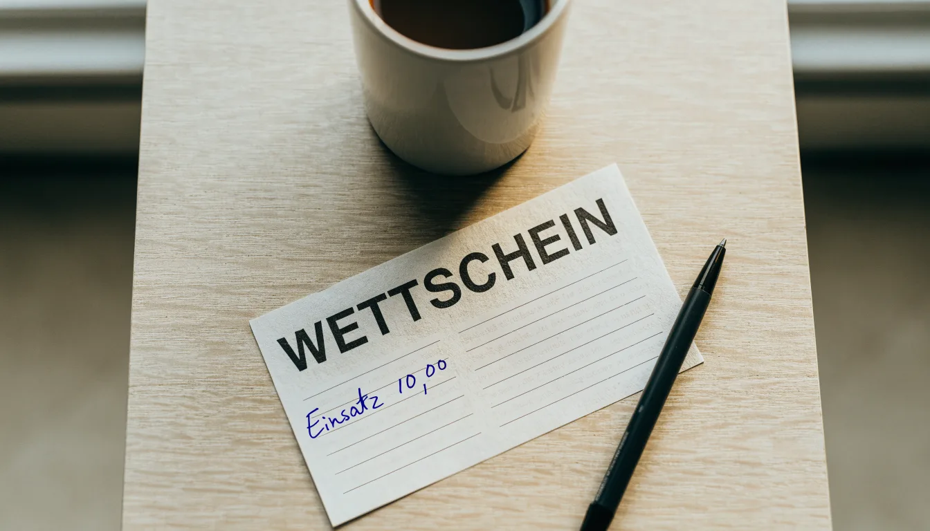 Ein leerer Wettschein aus Papier liegt neben einem Kugelschreiber und einer Tasse auf einem hellen Holztisch.