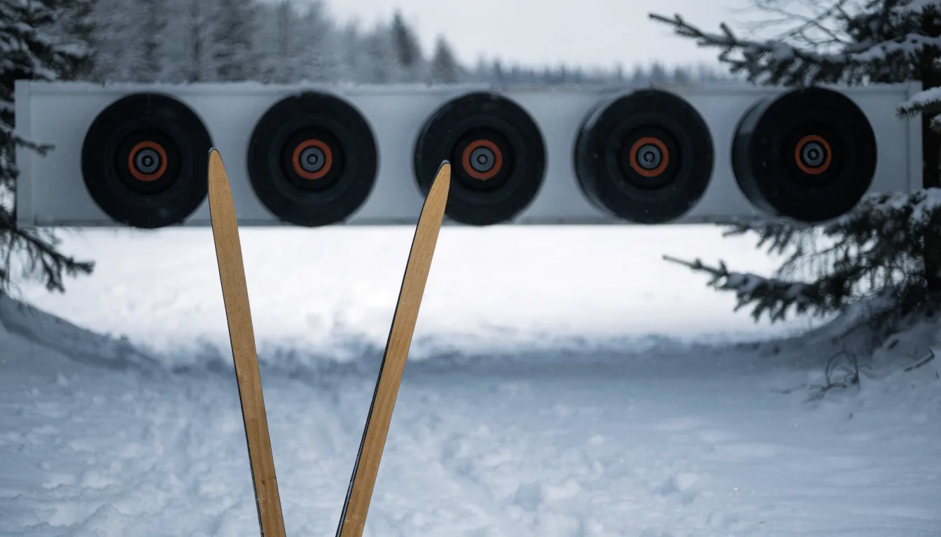 Ein Paar Langlaufskier steckt aufrecht im Schnee neben einem leeren Schießstand mit runden Zielscheiben, kaltes Winterlicht.