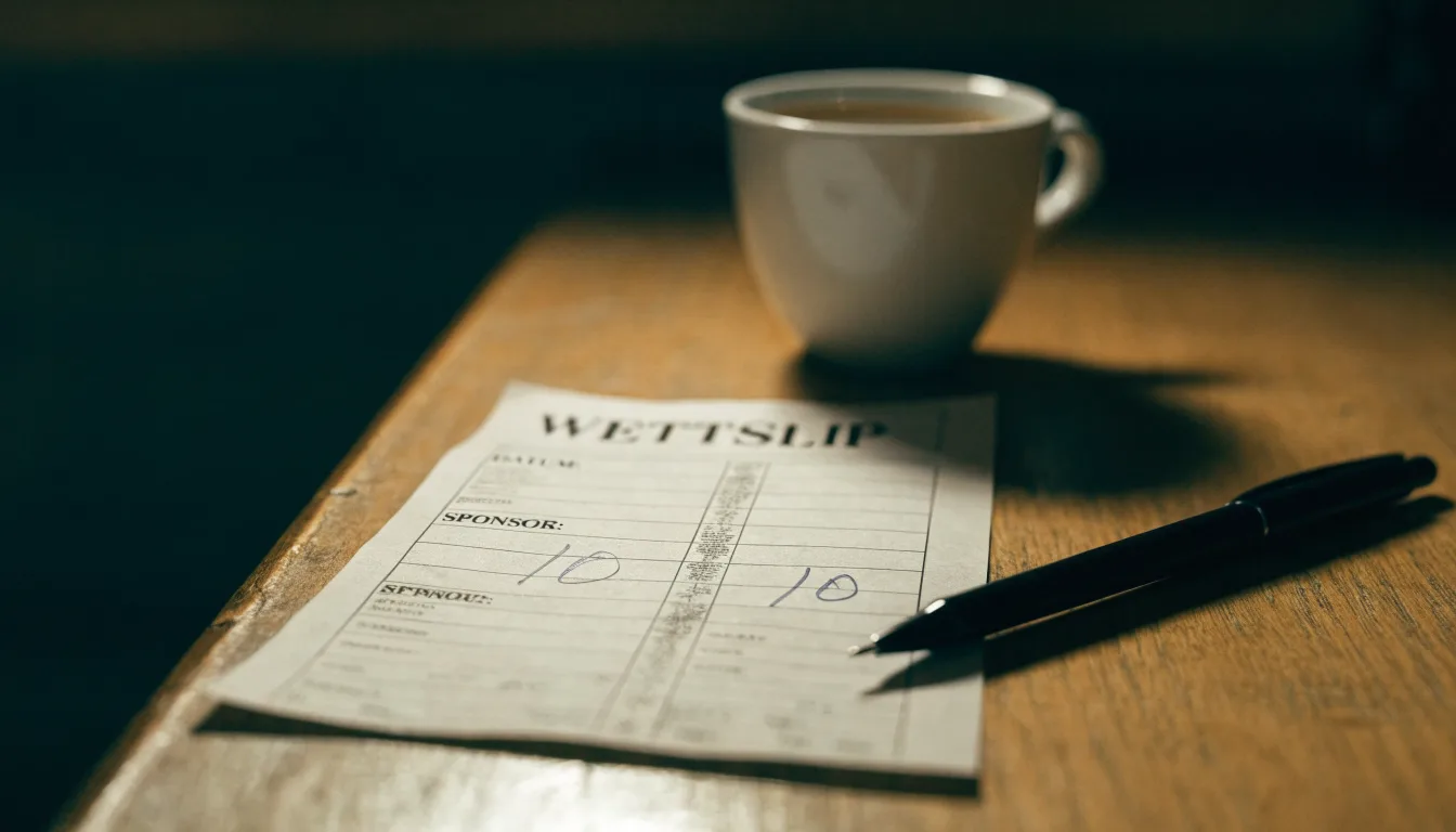 Ein leerer Papierwettschein und ein Kugelschreiber liegen auf einem Holztisch neben einer Tasse, warmes Licht einer Lampe.