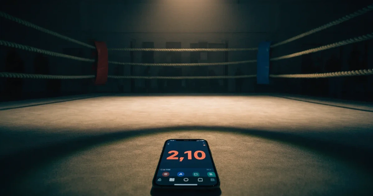Ein Boxring mit gespannten Seilen in einer leeren Halle, ein einzelner Scheinwerfer leuchtet von oben auf die Ringmatte.