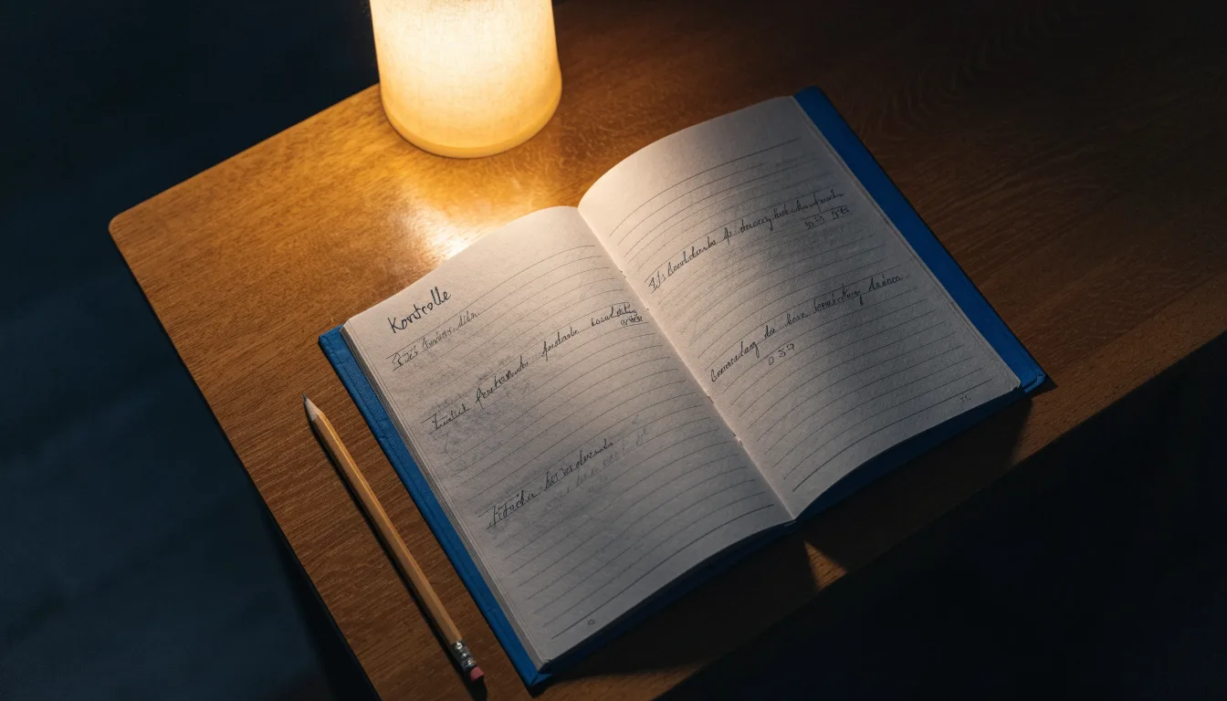 Ein Notizbuch mit handschriftlichen Notizen und ein Bleistift liegen neben einer Tischlampe auf einem Schreibtisch, ruhiges Abendlicht.
