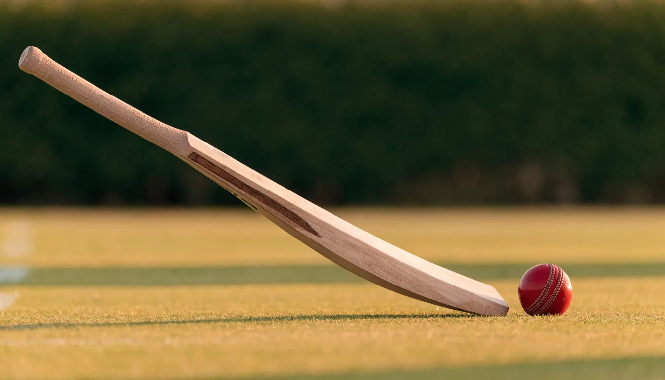 Ein Cricketschläger aus hellem Holz und ein roter Lederball liegen auf kurzem Rasen, weiches Abendlicht.