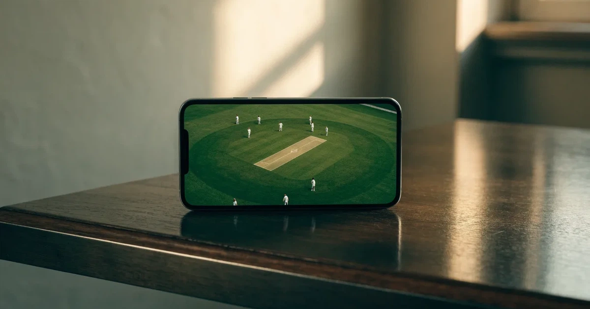 Ein weites grünes Cricketfeld mit einem hellen Streifen in der Mitte, tief stehende Sonne, im Hintergrund eine leere Tribüne.